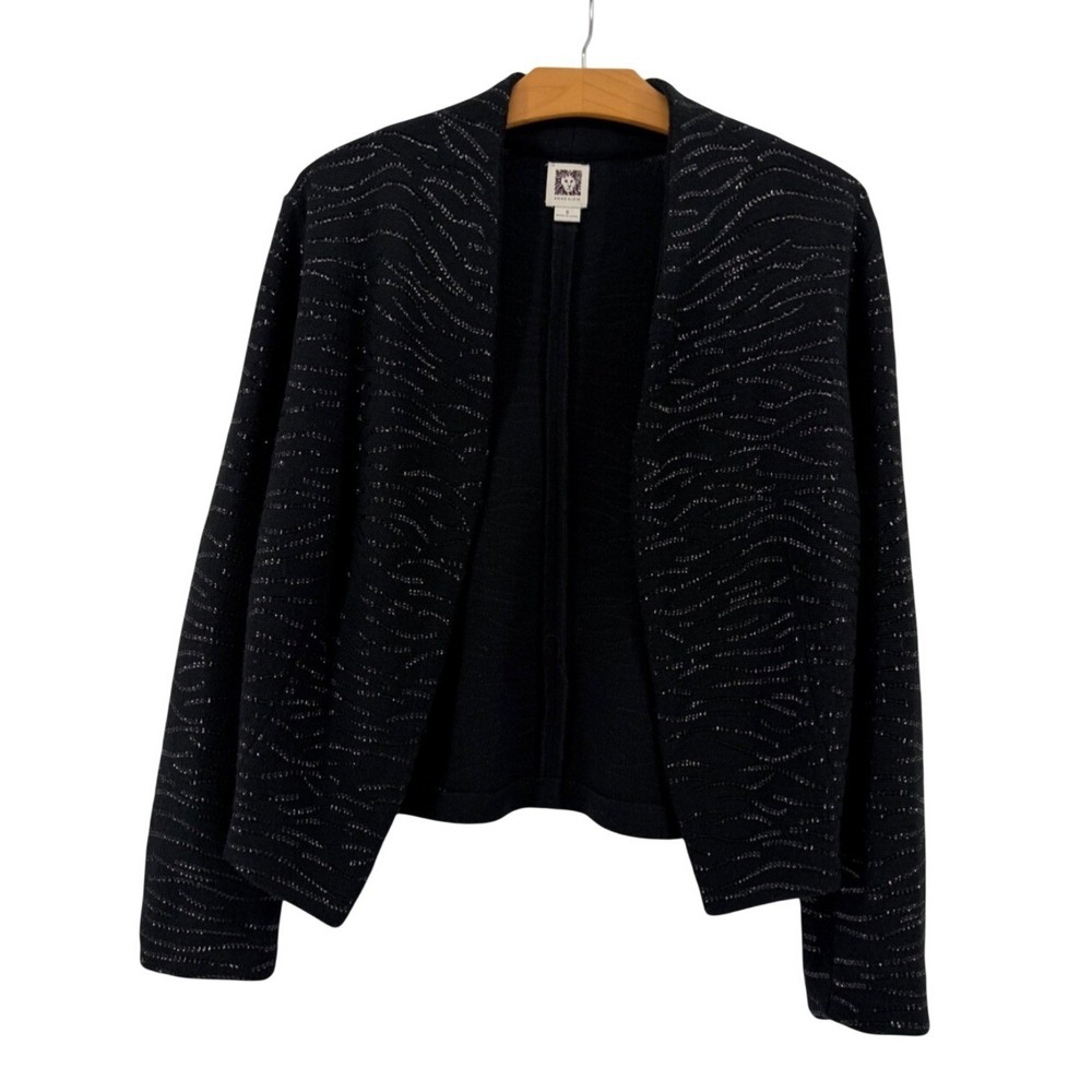 Anne Klein Sequin Cardigan Small Wool Blend  Women's Black Open Front Knit